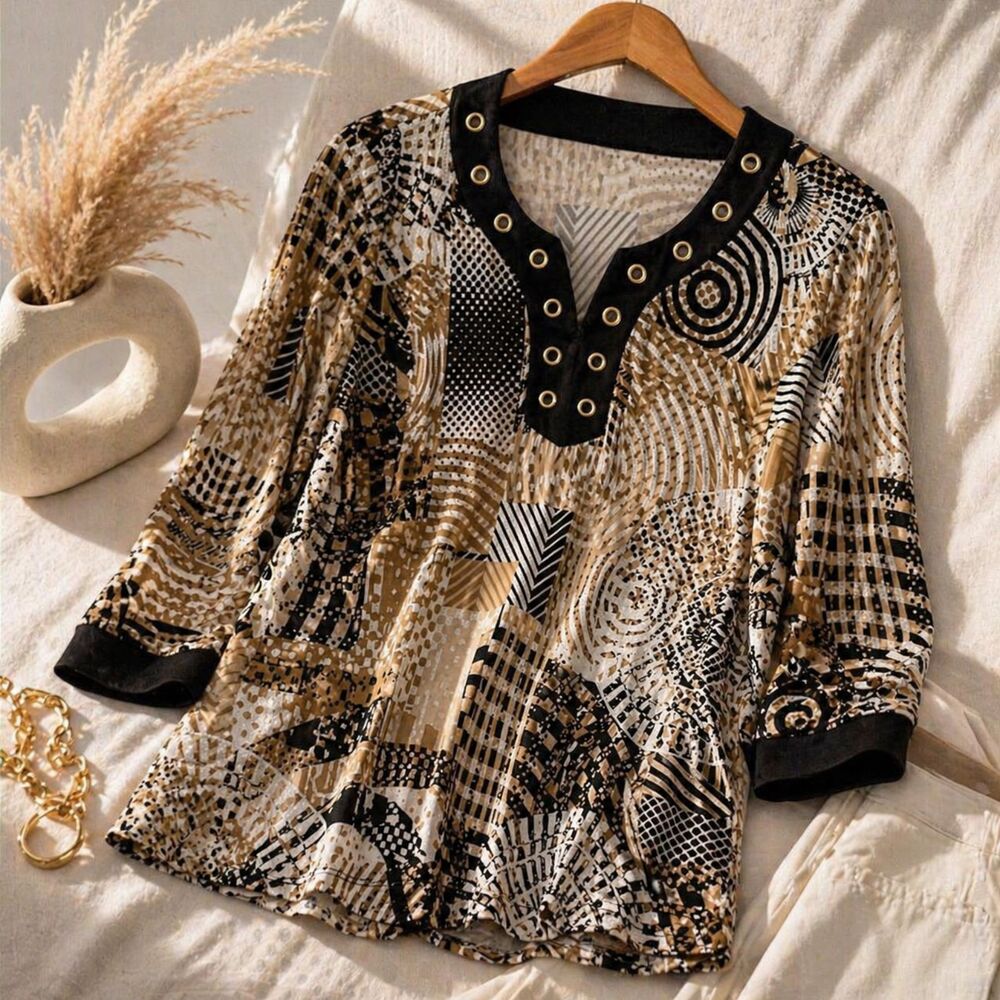 Abstract Print Grommet Neck Blouse Neutral Black Tan Artsy Petite Top